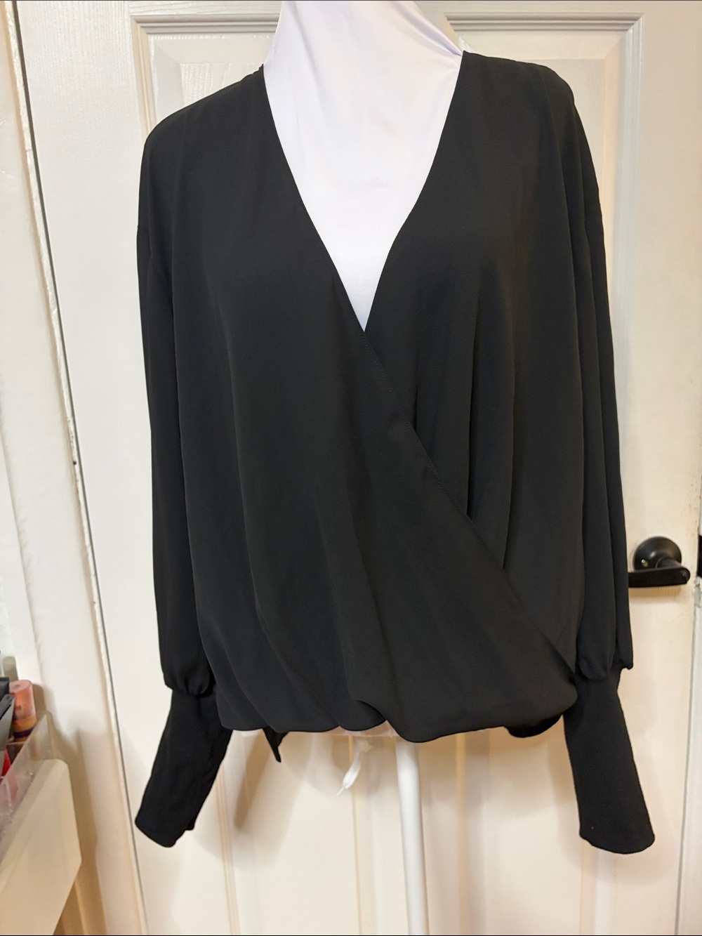 Marled Black Surplice Wrap Blouse